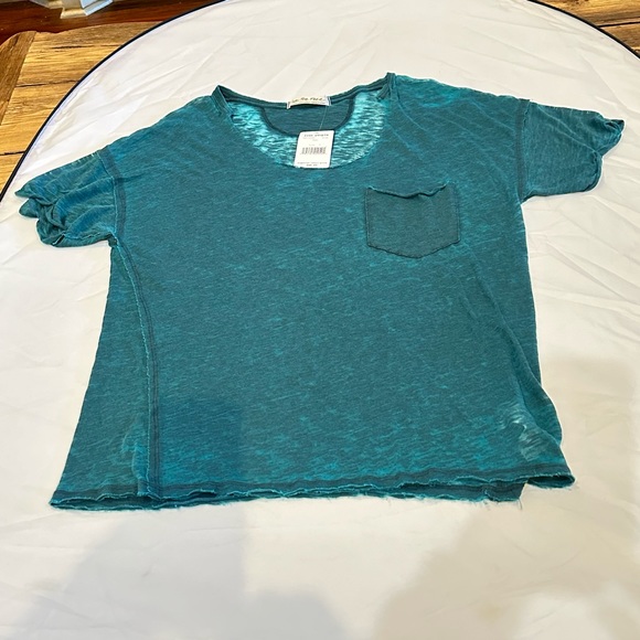 Free People Teal Green Scoop Neck Raw Edge Burnout Top Pocket Tee Shirt New - Picture 6 of 9